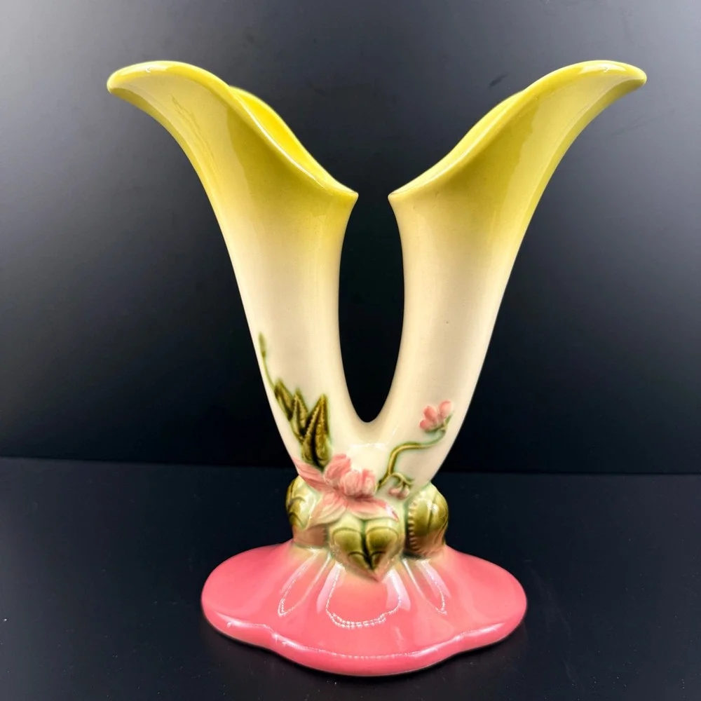 Hull Pottery Wildflower‎ Double Cornucopia Vase W15-8.5 Pink Yellow Green MCM